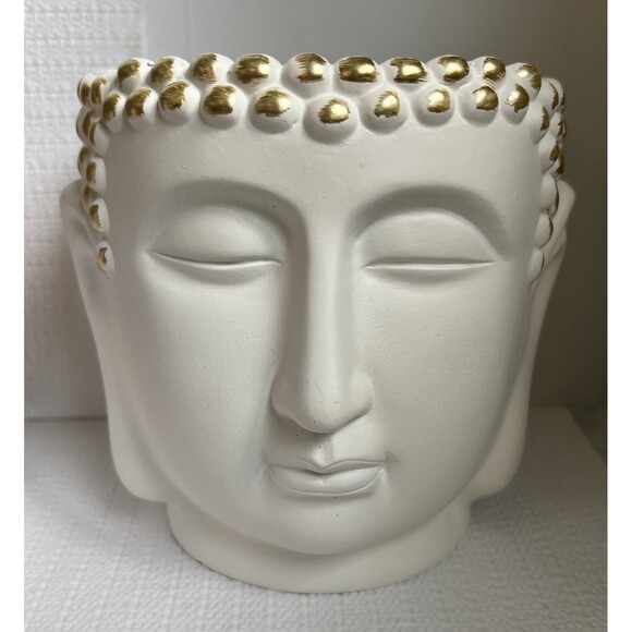 Buddha Head Face Concrete Planter Flower Pot White Gold Hobnail Textured Figural - Picture 12 of 14